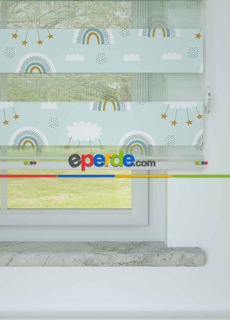 Mint Gökkuşağı Ve Bulut Desenli Baskılı Zebra Perde