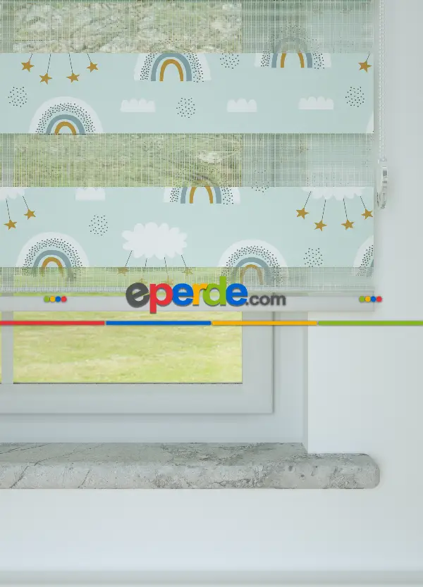 Bebek Odası - Mint Gökkuşağı Ve Bulut Desenli Baskılı Zebra Perde