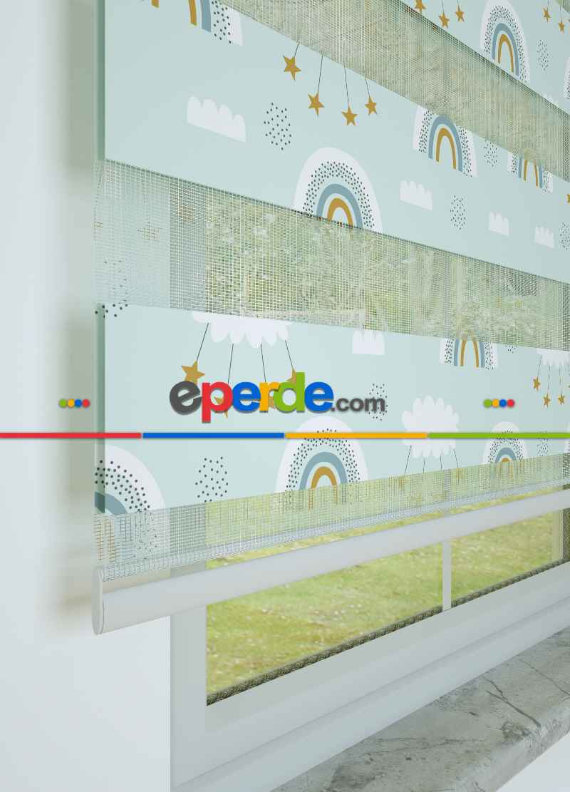 Mint Gökkuşağı Ve Bulut Desenli Baskılı Zebra Perde