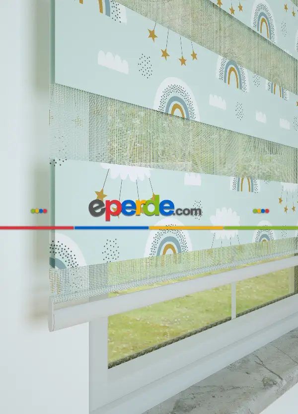 Bebek Odası - Mint Gökkuşağı Ve Bulut Desenli Baskılı Zebra Perde