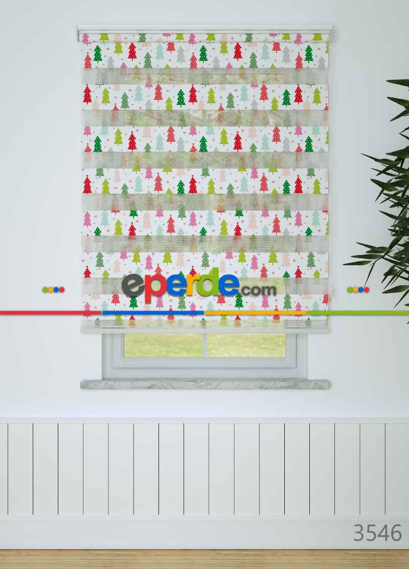 Çocuk Odası - Kırmızı Yeşil Çam Ağacı Desenli Baskılı Zebra Perde