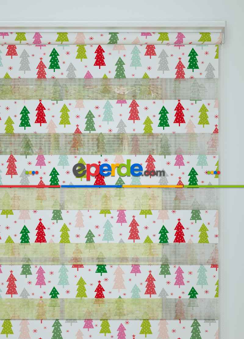 Çocuk Odası - Kırmızı Yeşil Çam Ağacı Desenli Baskılı Zebra Perde