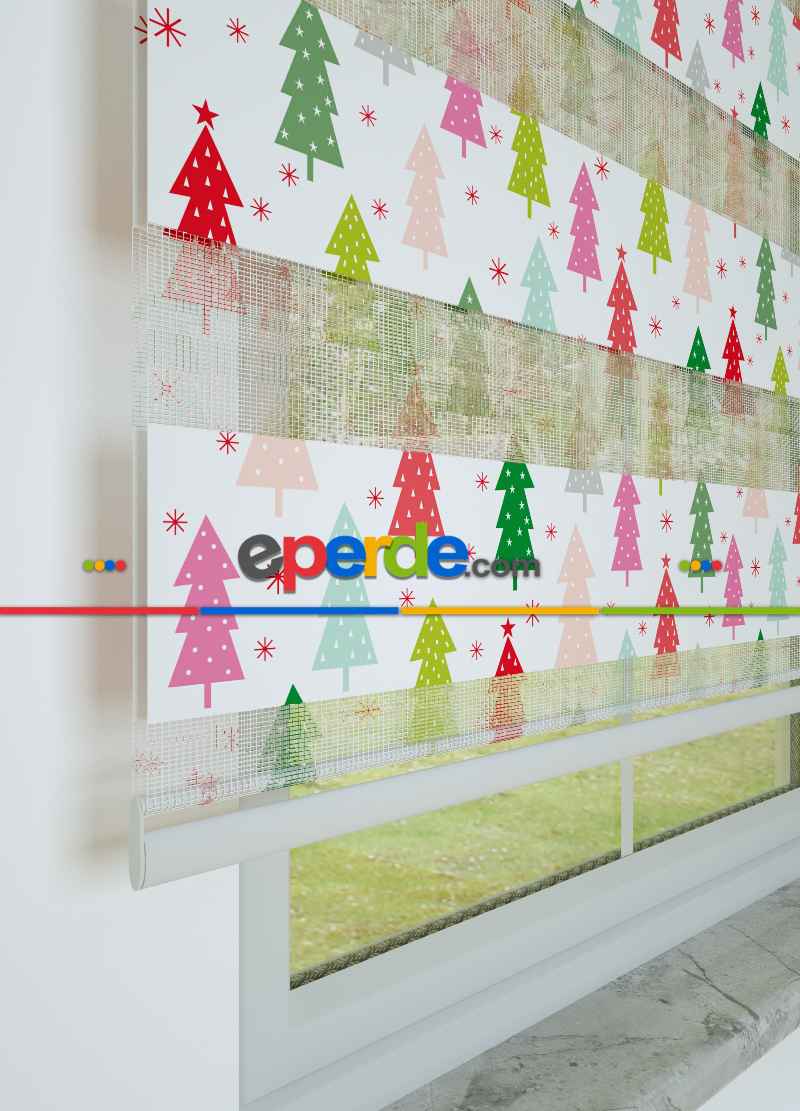 Çocuk Odası - Kırmızı Yeşil Çam Ağacı Desenli Baskılı Zebra Perde