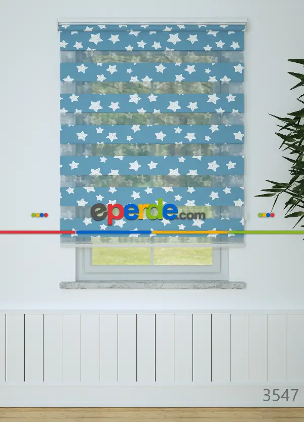 Bebek Odası - Mavi Yıldız Desenli Baskılı Zebra Perde