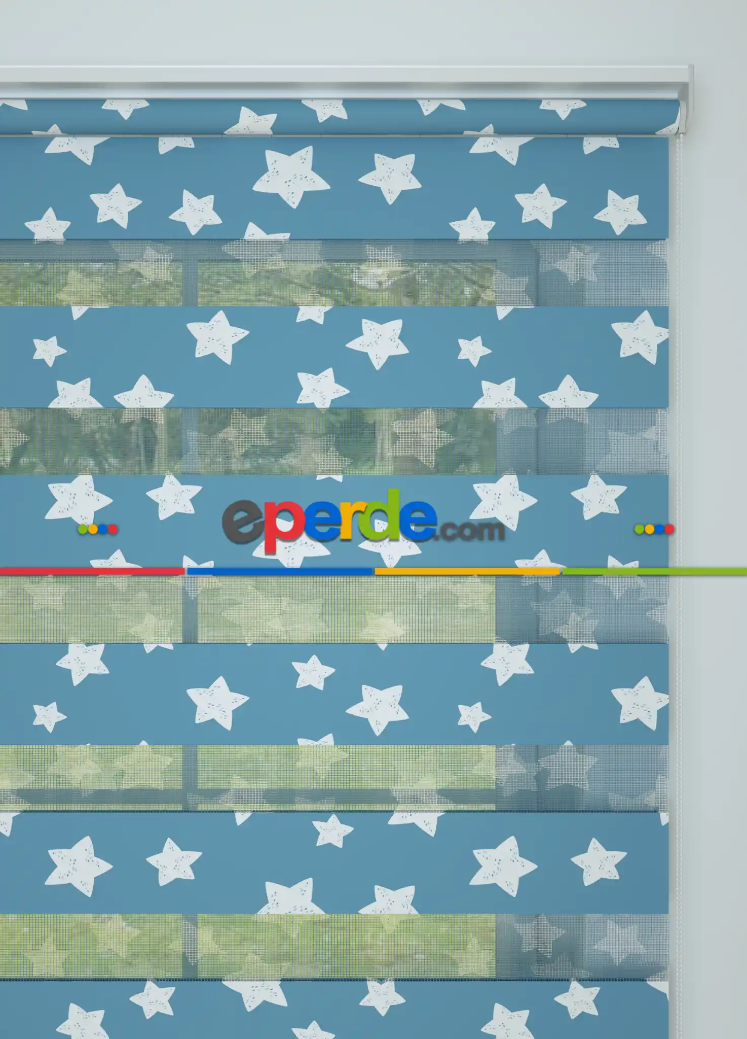 Bebek Odası - Mavi Yıldız Desenli Baskılı Zebra Perde