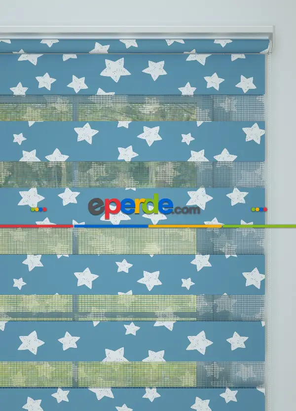 Bebek Odası - Mavi Yıldız Desenli Baskılı Zebra Perde