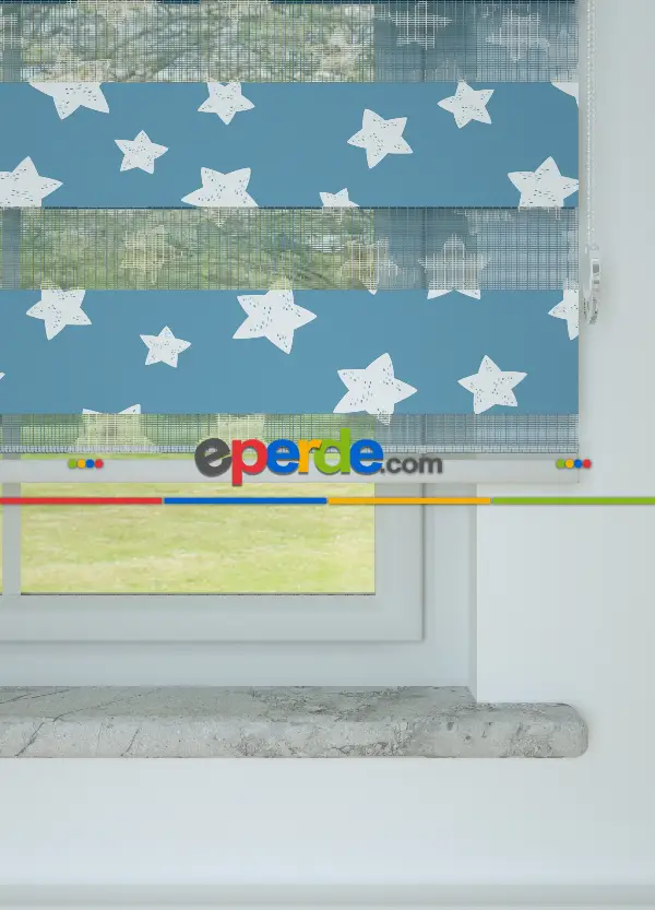 Bebek Odası - Mavi Yıldız Desenli Baskılı Zebra Perde