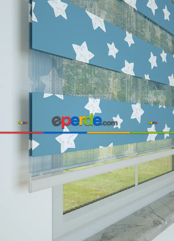 Bebek Odası - Mavi Yıldız Desenli Baskılı Zebra Perde