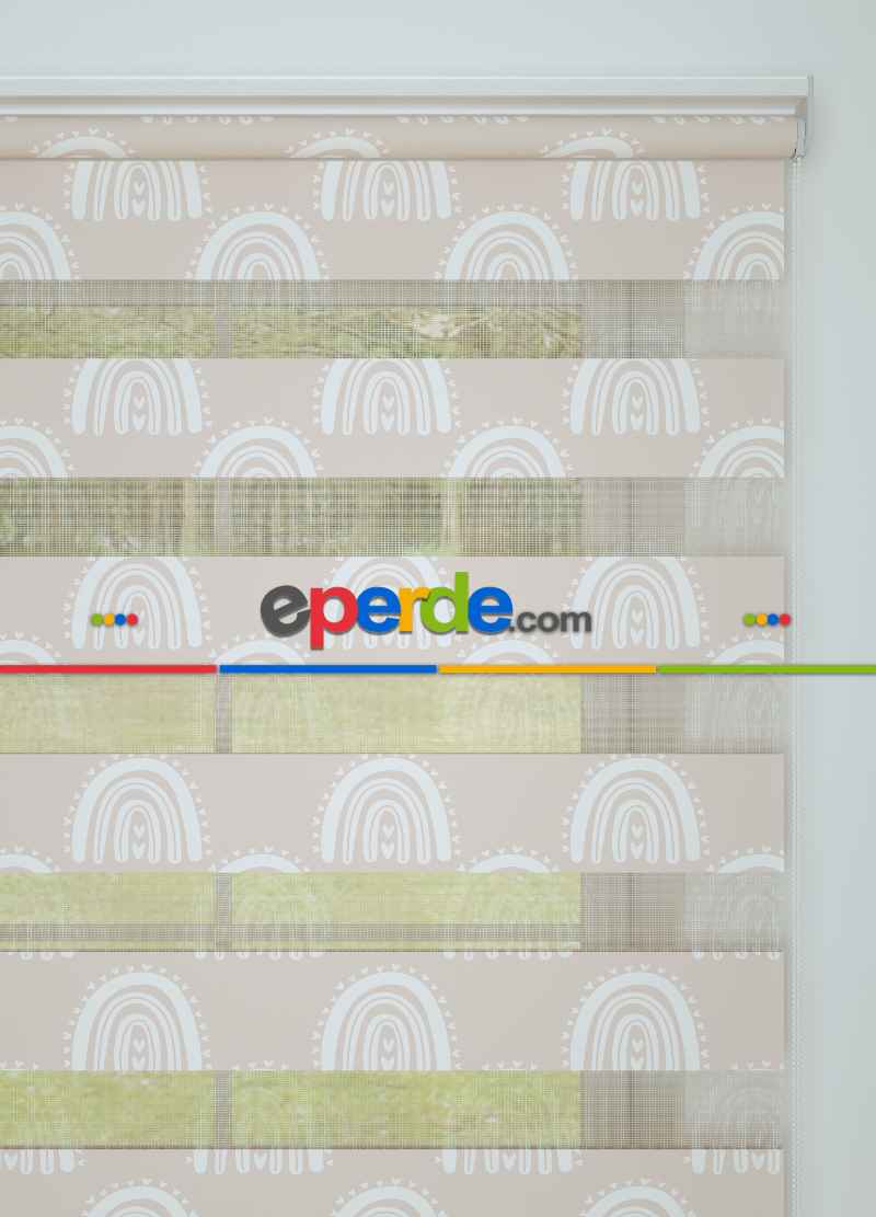 Bebek Odası - Pudra Gökkuşağı Desenli Baskılı Zebra Perde