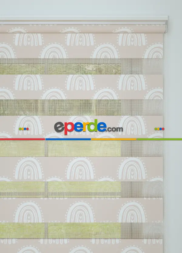 Bebek Odası - Pudra Gökkuşağı Desenli Baskılı Zebra Perde