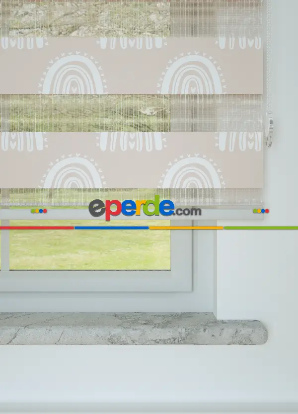 Bebek Odası - Pudra Gökkuşağı Desenli Baskılı Zebra Perde