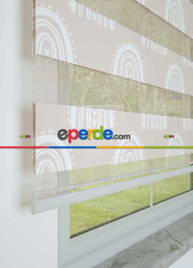 Bebek Odası - Pudra Gökkuşağı Desenli Baskılı Zebra Perde