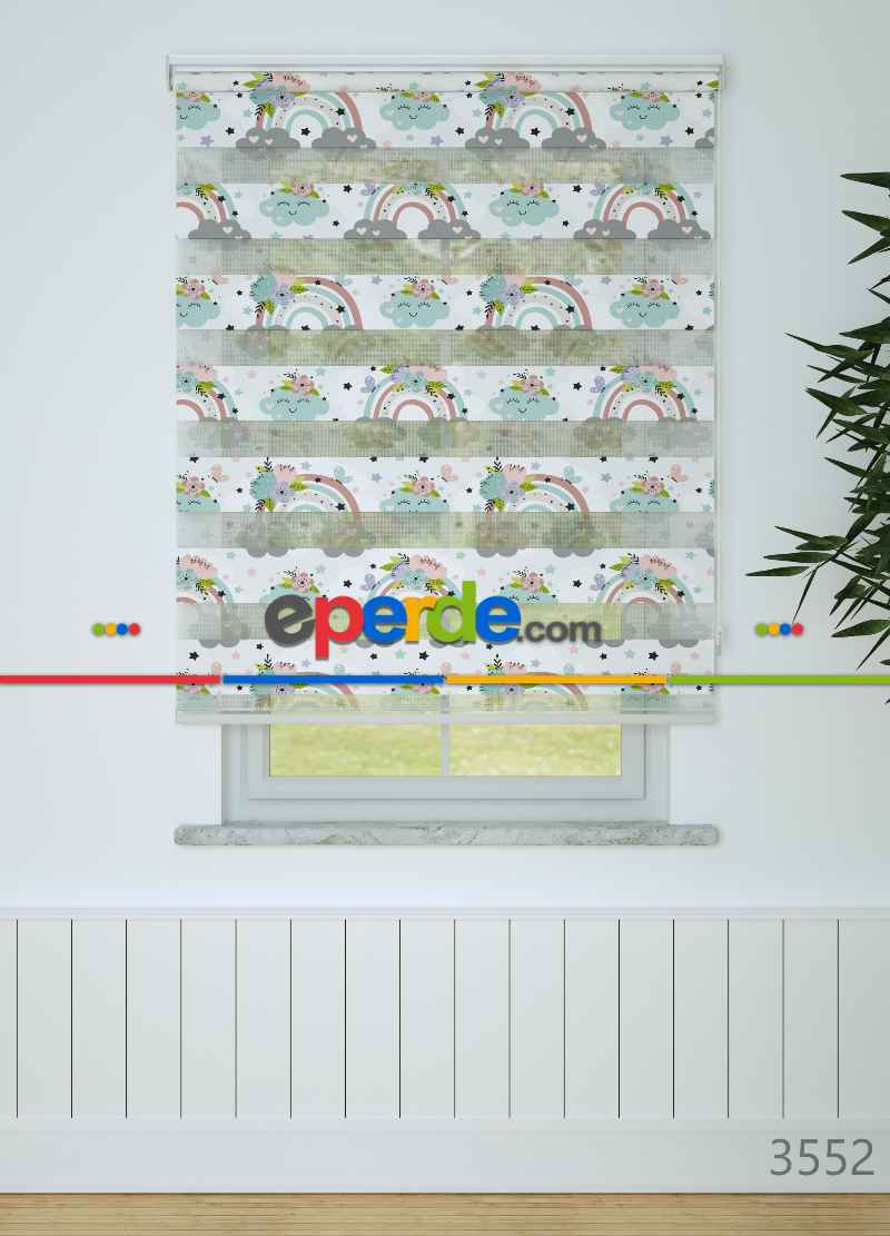 Bebek Odası - Mint Gökkuşağı Ve Bulut Desenli Baskılı Zebra Perde