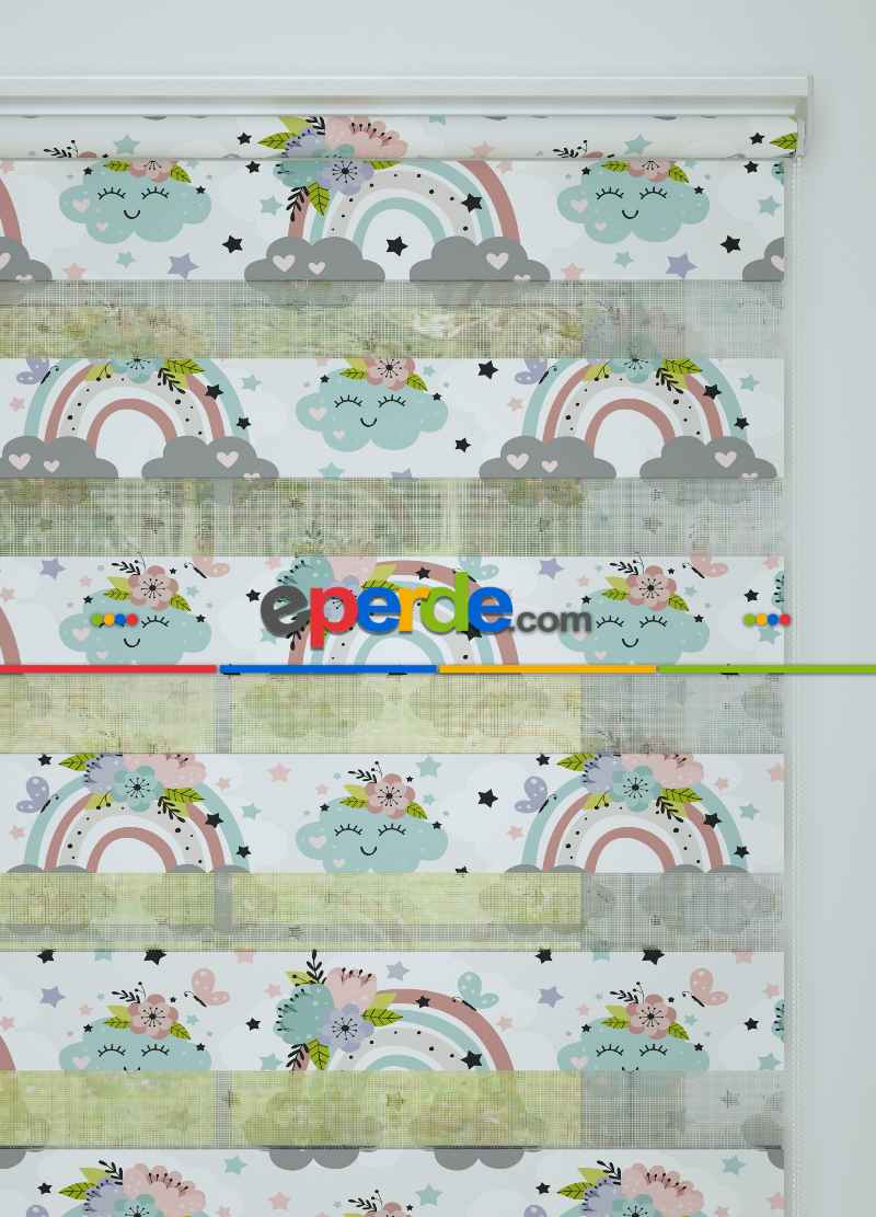 Bebek Odası - Mint Gökkuşağı Ve Bulut Desenli Baskılı Zebra Perde