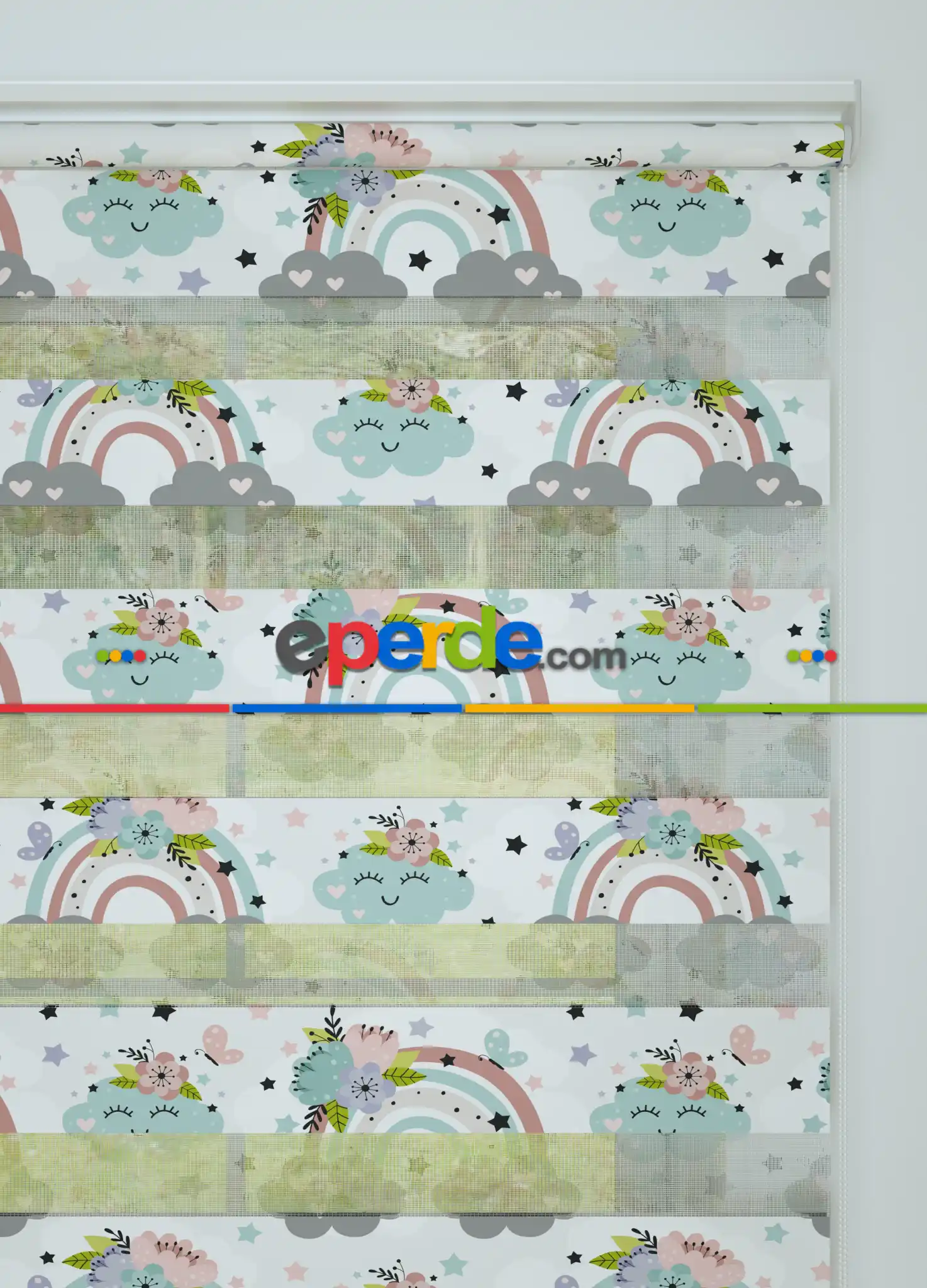 Çocuk Odası - Mint Gökkuşağı Ve Bulut Desenli Baskılı Zebra Perde
