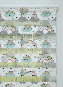 Bebek Odası - Mint Gökkuşağı Ve Bulut Desenli Baskılı Zebra Perde