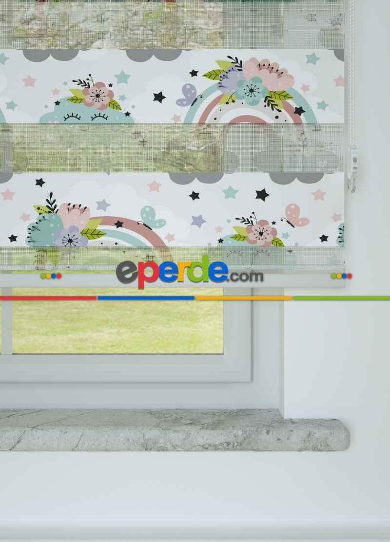 Bebek Odası - Mint Gökkuşağı Ve Bulut Desenli Baskılı Zebra Perde