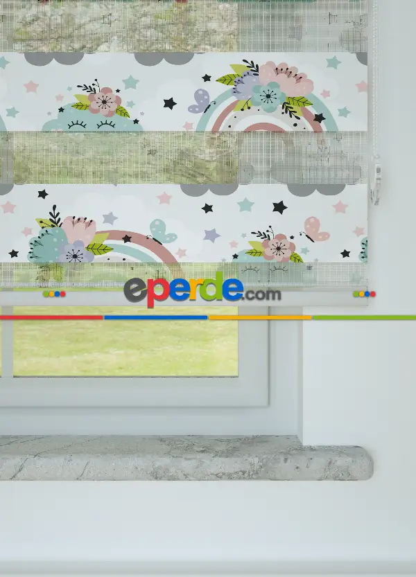 Mint Gökkuşağı Ve Bulut Desenli Baskılı Zebra Perde