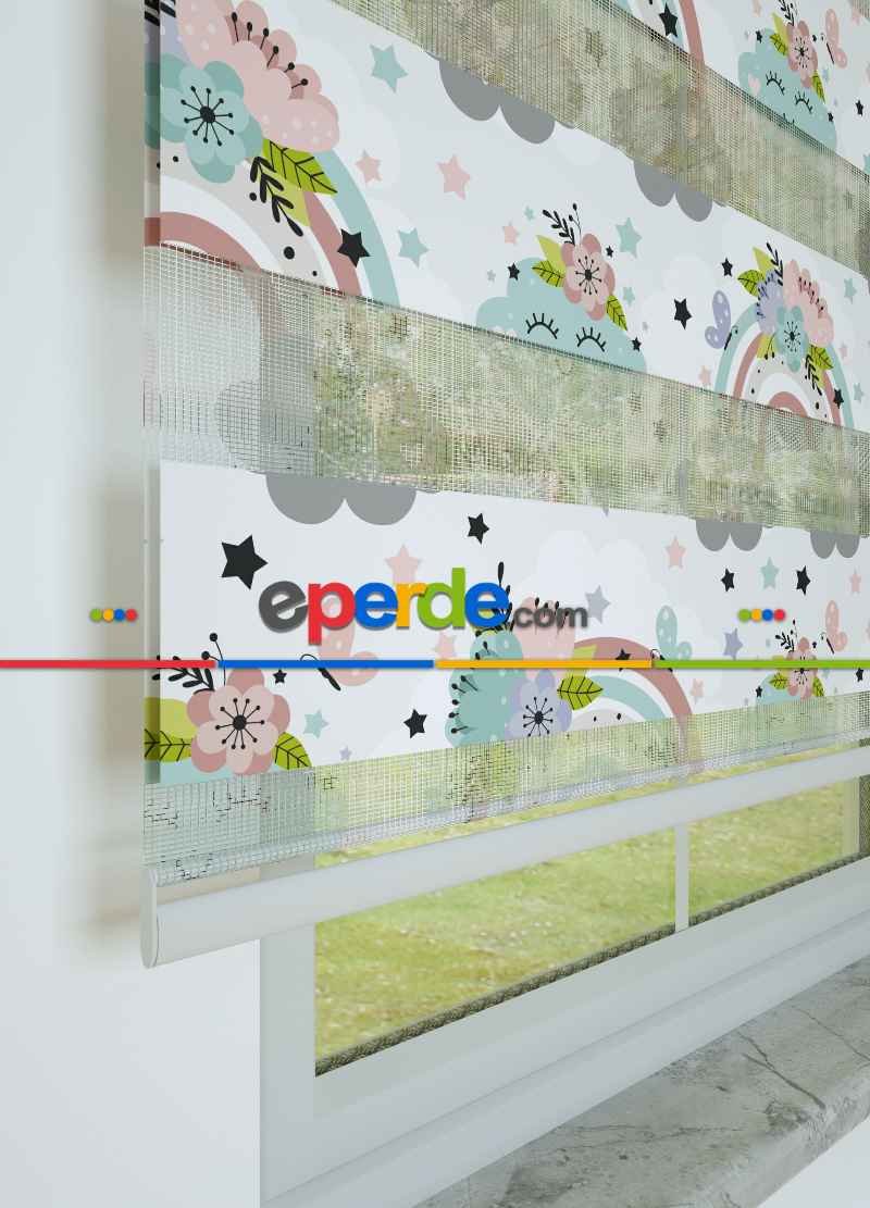 Bebek Odası - Mint Gökkuşağı Ve Bulut Desenli Baskılı Zebra Perde