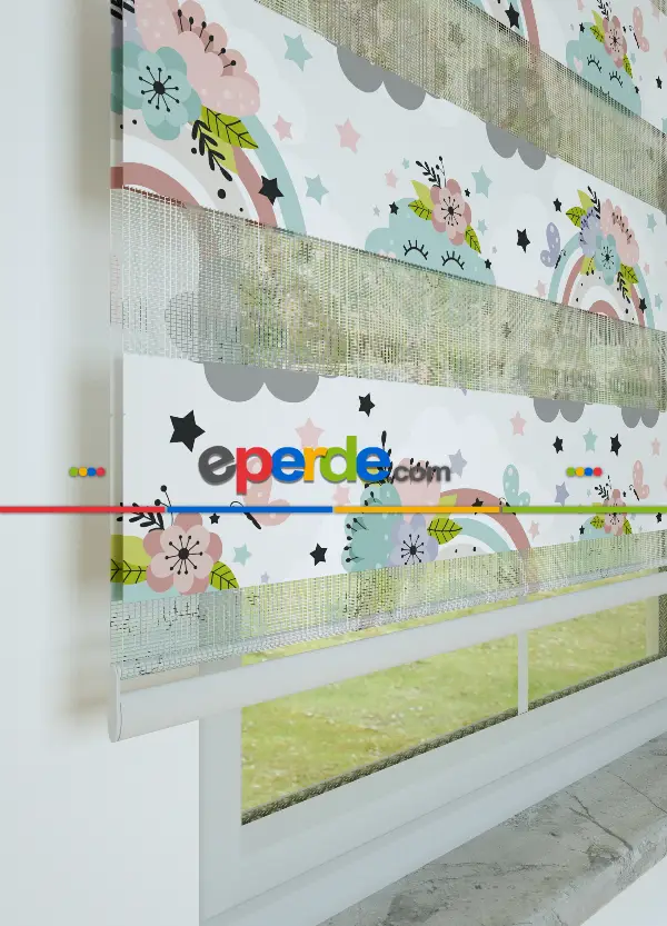 Mint Gökkuşağı Ve Bulut Desenli Baskılı Zebra Perde