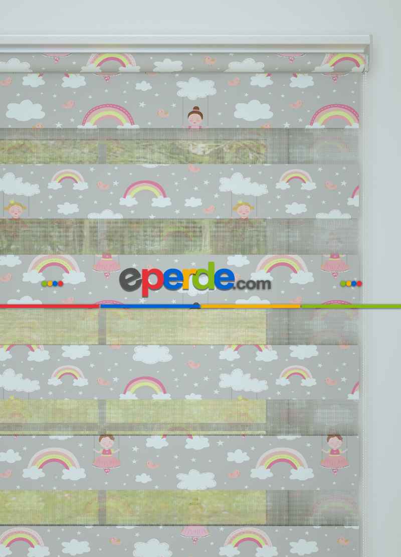 Çocuk Odası - Gri Pembe Gökkuşağı Ve Bulut Desenli Baskılı Zebra Perde