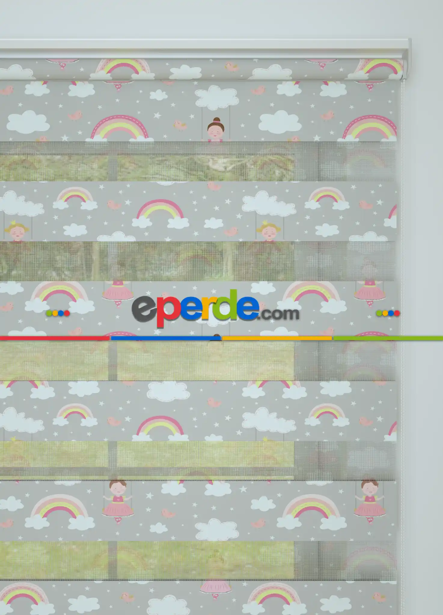 Bebek Odası - Gri Pembe Gökkuşağı Ve Bulut Desenli Baskılı Zebra Perde