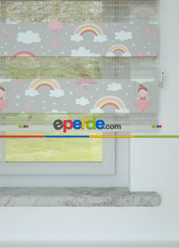 Bebek Odası - Gri Pembe Gökkuşağı Ve Bulut Desenli Baskılı Zebra Perde