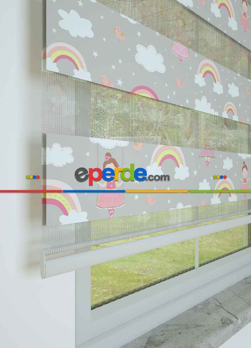 Çocuk Odası - Gri Pembe Gökkuşağı Ve Bulut Desenli Baskılı Zebra Perde