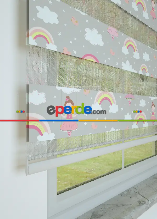 Bebek Odası - Gri Pembe Gökkuşağı Ve Bulut Desenli Baskılı Zebra Perde