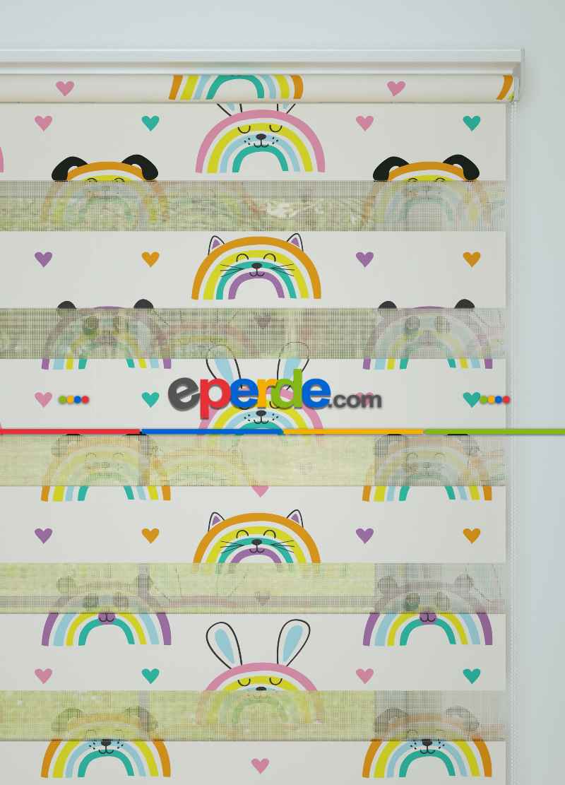 Çocuk Odası - Pembe Turuncu Gökkuşağı Desenli Baskılı Zebra Perde