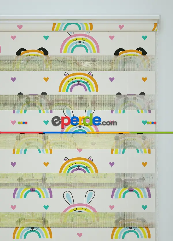 Pembe Turuncu Gökkuşağı Desenli Baskılı Zebra Perde