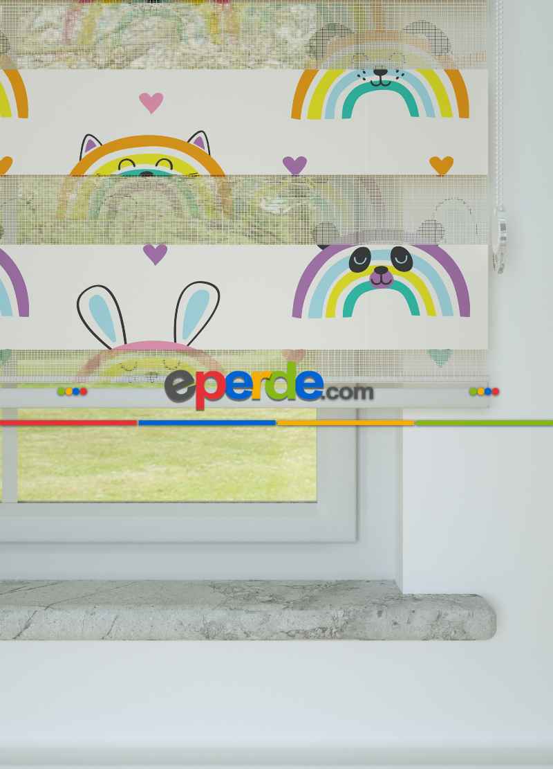 Çocuk Odası - Pembe Turuncu Gökkuşağı Desenli Baskılı Zebra Perde