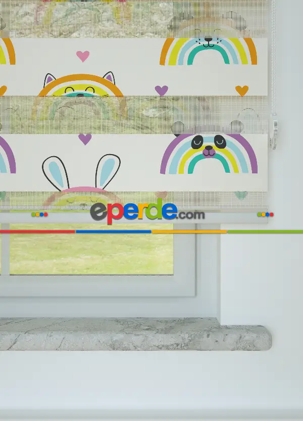 Pembe Turuncu Gökkuşağı Desenli Baskılı Zebra Perde