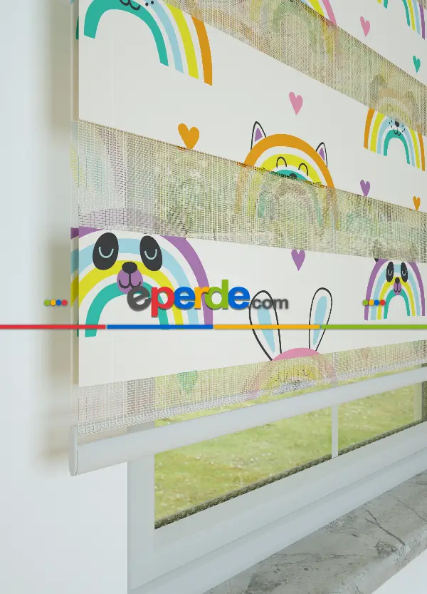 Pembe Turuncu Gökkuşağı Desenli Baskılı Zebra Perde