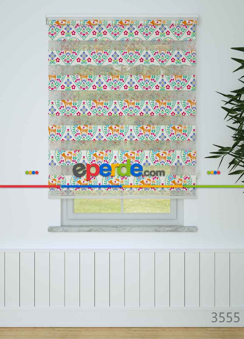 Çocuk Odası - Turuncu Mavi Etnik Kalp Desenli Baskılı Zebra Perde