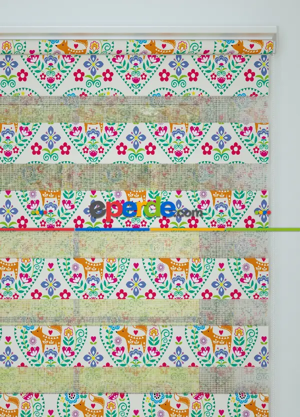 Turuncu Mavi Etnik Kalp Desenli Baskılı Zebra Perde