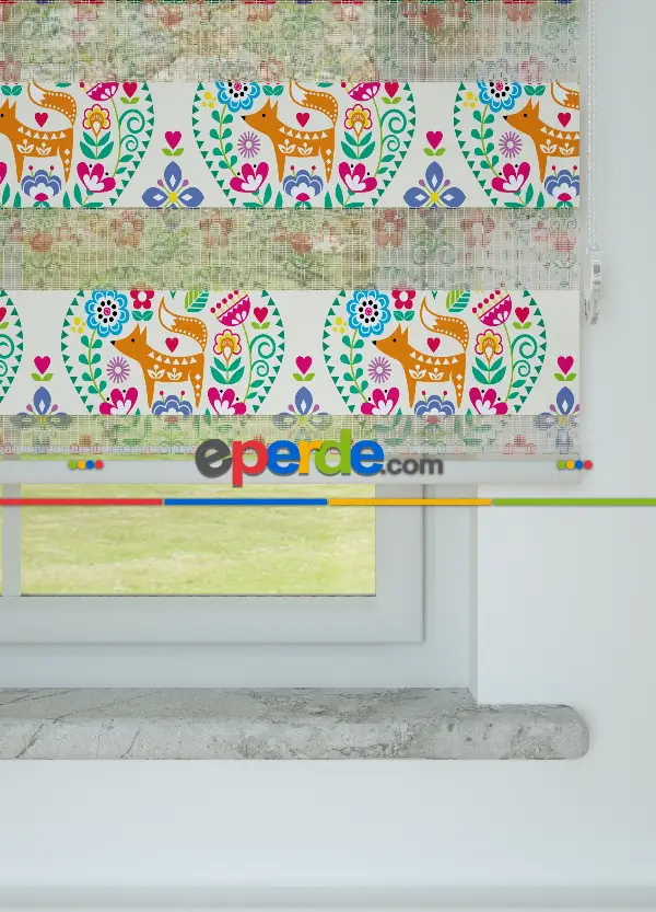 Turuncu Mavi Etnik Kalp Desenli Baskılı Zebra Perde