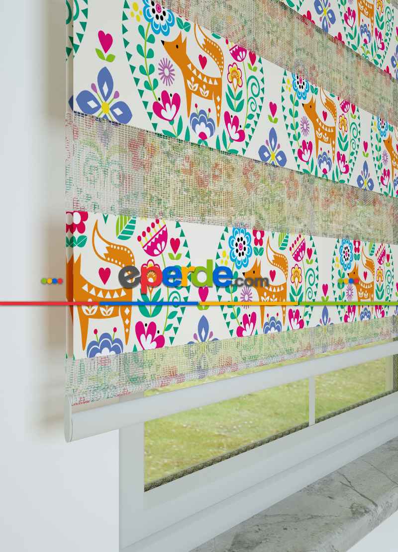 Çocuk Odası - Turuncu Mavi Etnik Kalp Desenli Baskılı Zebra Perde