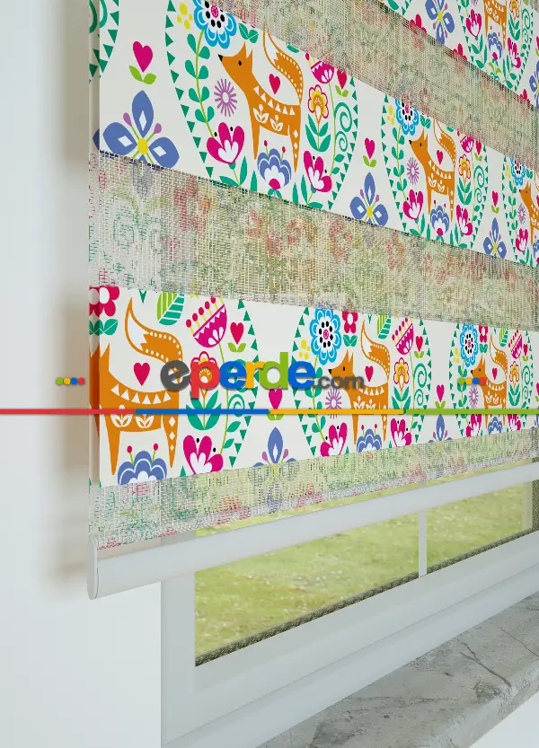 Turuncu Mavi Etnik Kalp Desenli Baskılı Zebra Perde