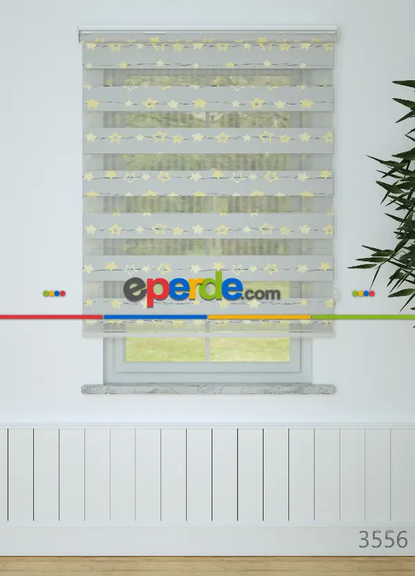 Gri Sarı Yıldız Desenli Baskılı Zebra Perde