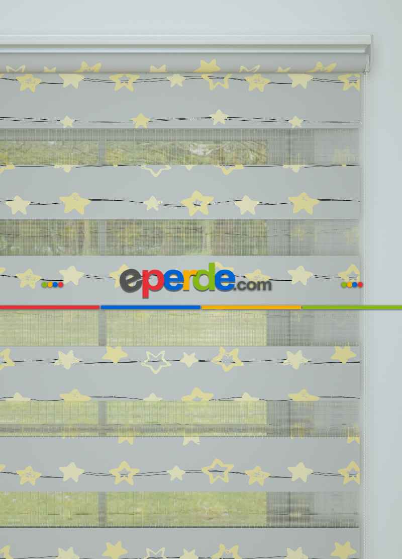 Bebek Odası - Gri Sarı Yıldız Desenli Baskılı Zebra Perde