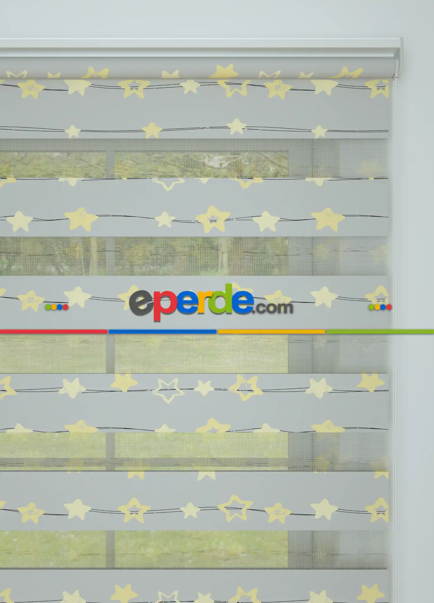 Gri Sarı Yıldız Desenli Baskılı Zebra Perde