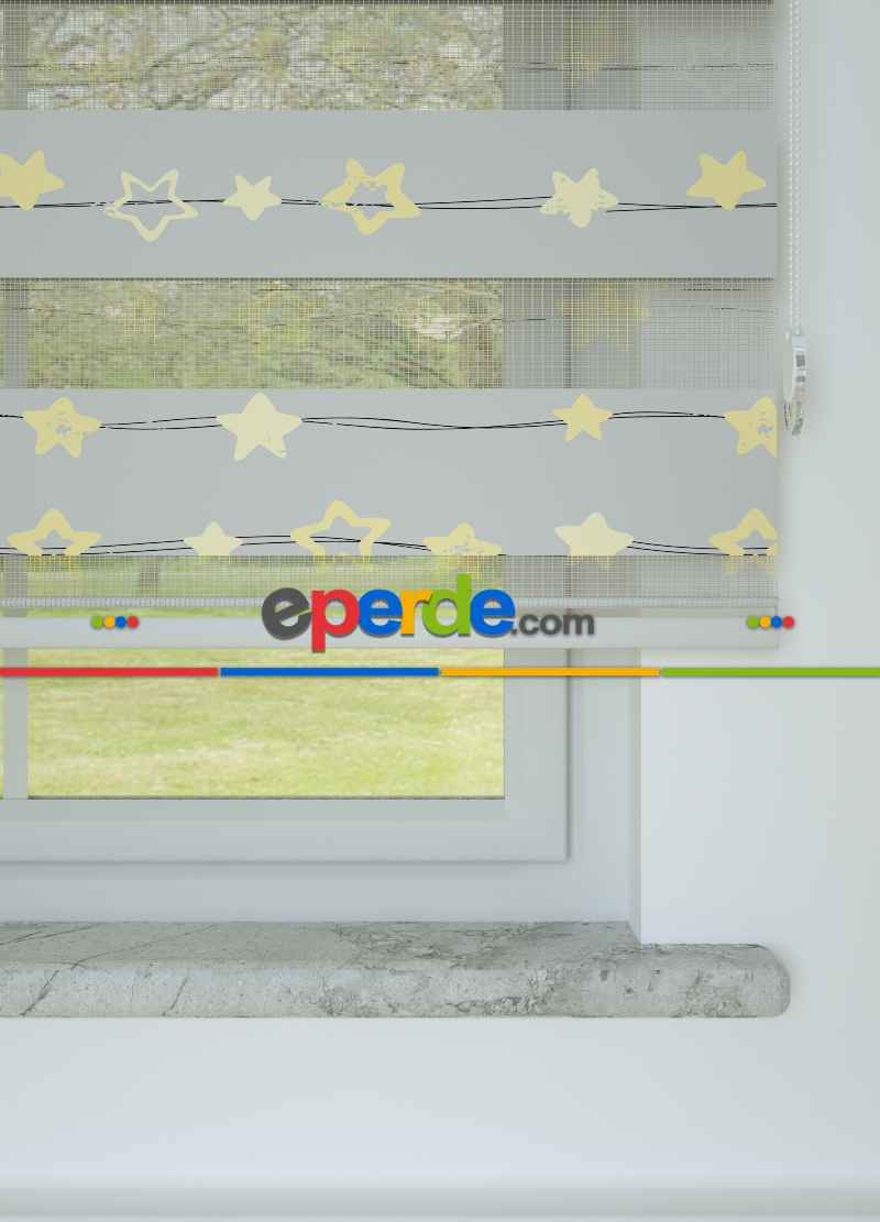 Bebek Odası - Gri Sarı Yıldız Desenli Baskılı Zebra Perde