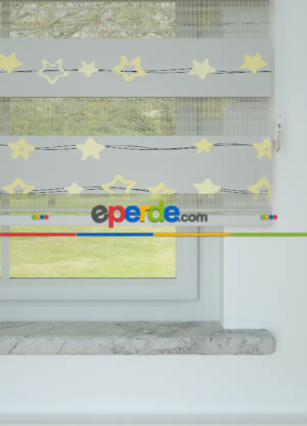 Gri Sarı Yıldız Desenli Baskılı Zebra Perde