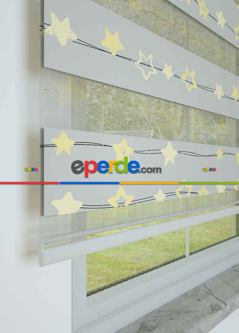 Bebek Odası - Gri Sarı Yıldız Desenli Baskılı Zebra Perde