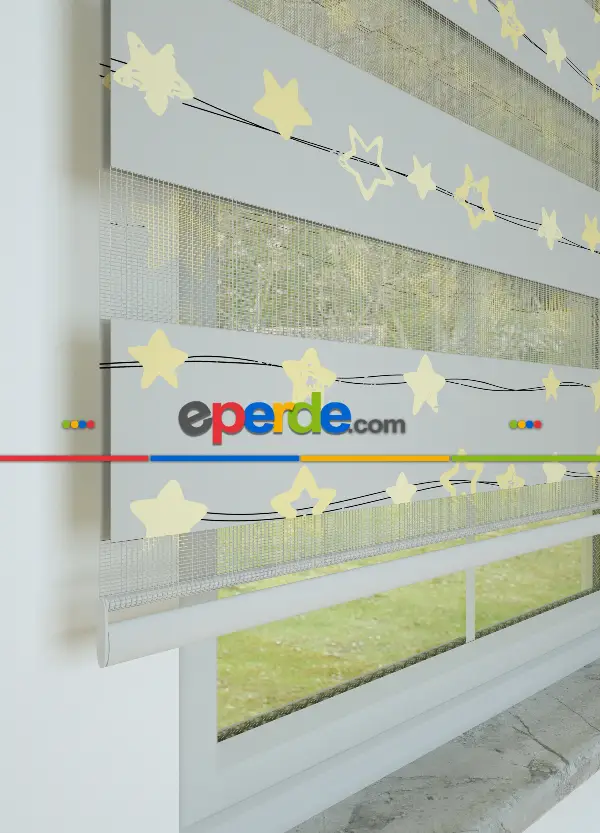 Gri Sarı Yıldız Desenli Baskılı Zebra Perde