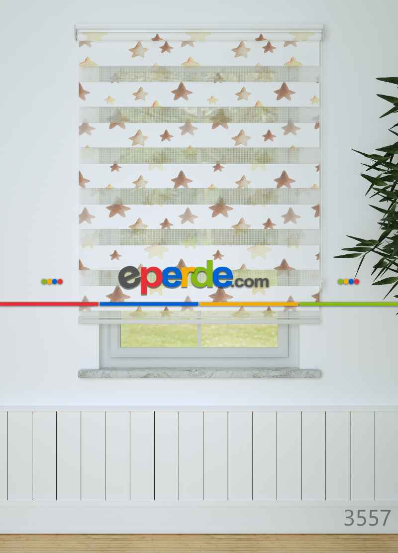 Kahverengi Sarı Yıldız Desenli Baskılı Zebra Perde