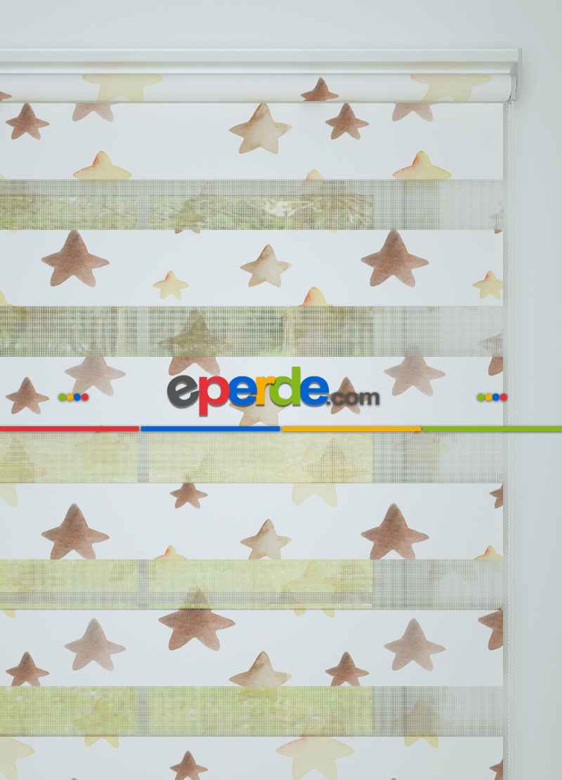 Kahverengi Sarı Yıldız Desenli Baskılı Zebra Perde