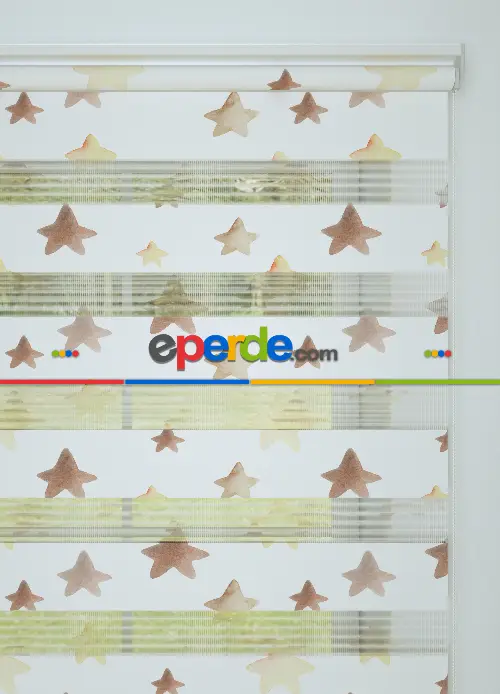 Kahverengi Sarı Yıldız Desenli Baskılı Zebra Perde