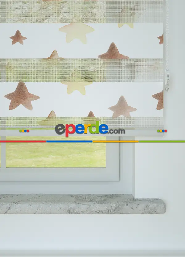 Bebek Odası - Kahverengi Sarı Yıldız Desenli Baskılı Zebra Perde